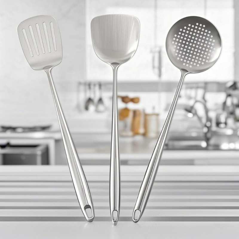 Home Cooking Utensil Set - Edelstahl-Wok-Spatel für Lebensmittel, Metall-Küchenutensilien, Geschlitzter Wender,